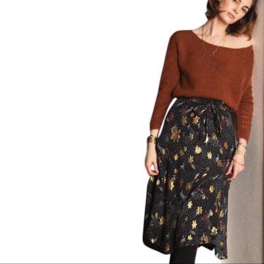 SÉZANE Black Arizona Silk Metallic Peacock Print High Waist Skirt